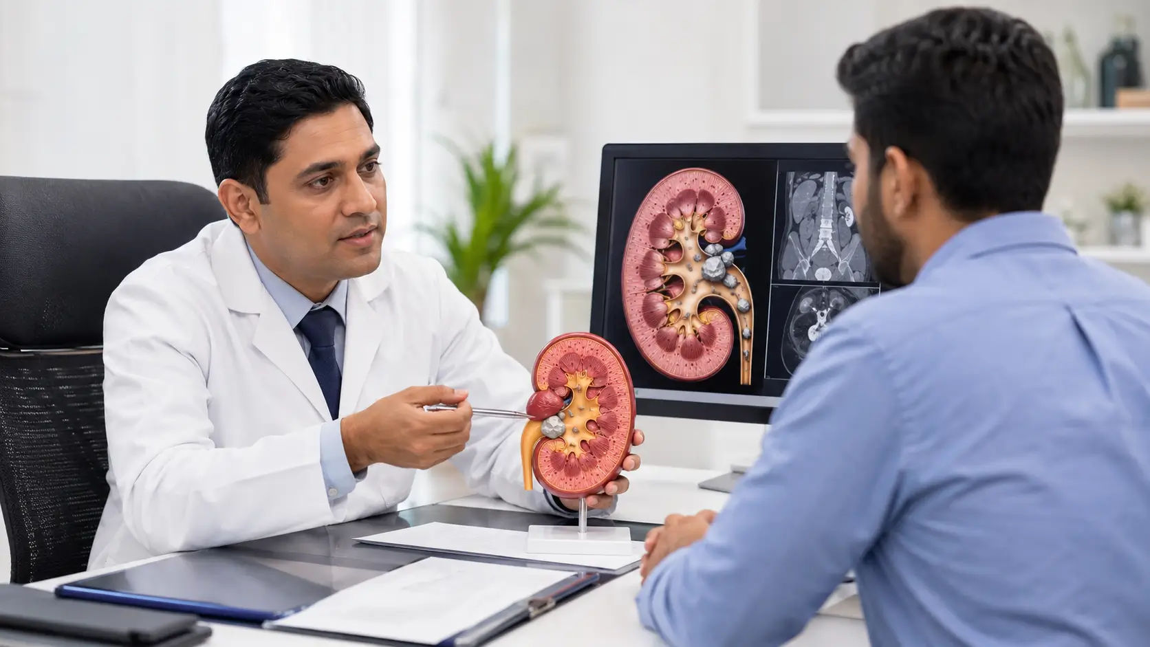 Urologist explaining kidney stone treatment to patient in hospital consultation room
