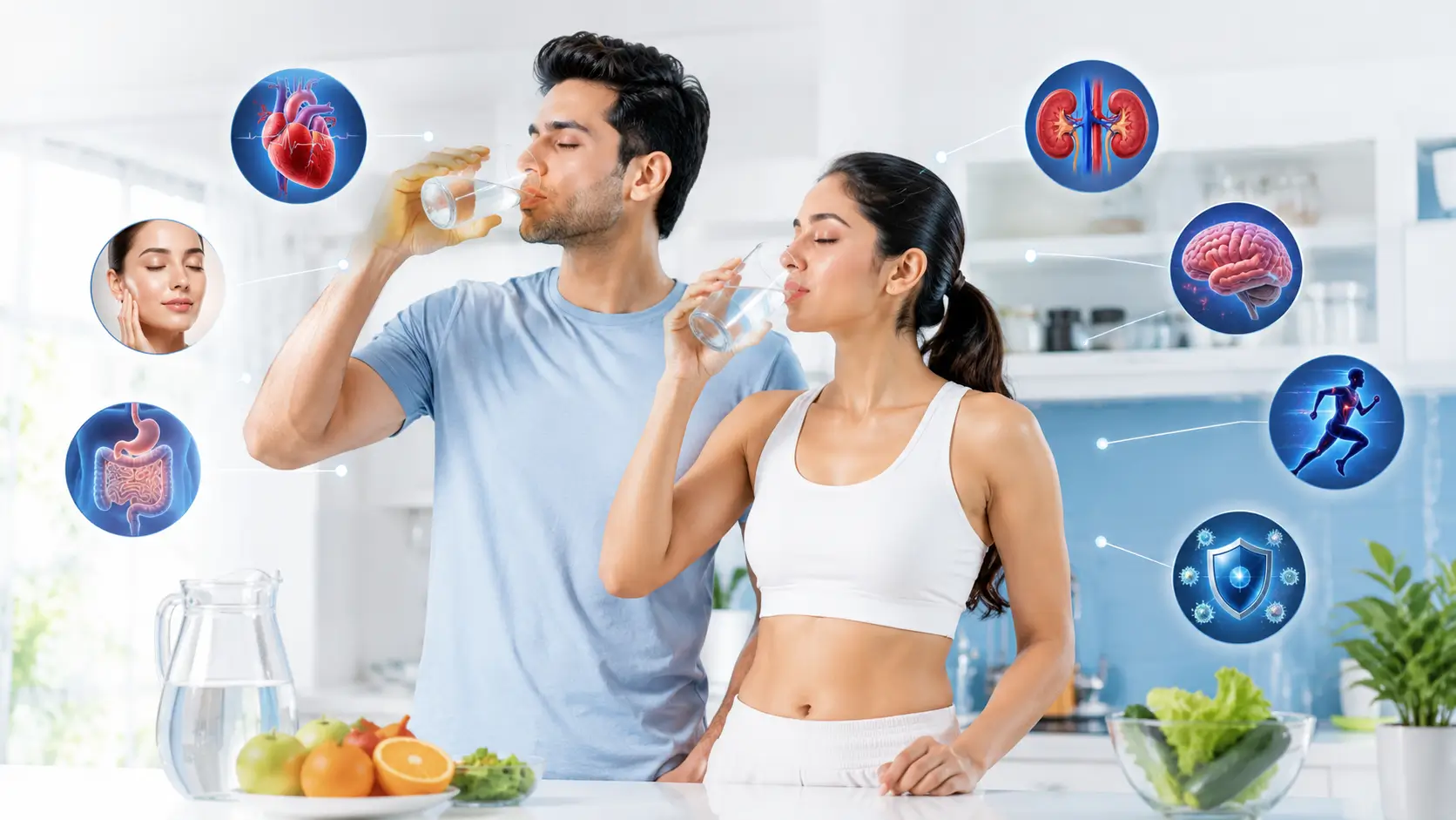 Healthy man and woman drinking water to support kidney health and overall wellness.