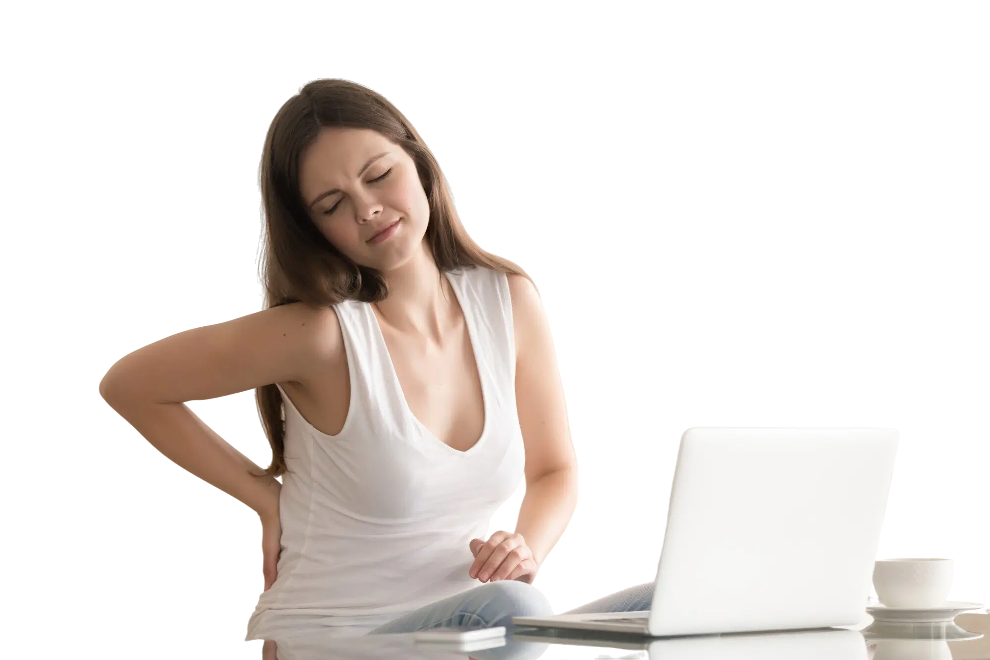 Woman experiencing severe lower back pain while sitting at a desk.