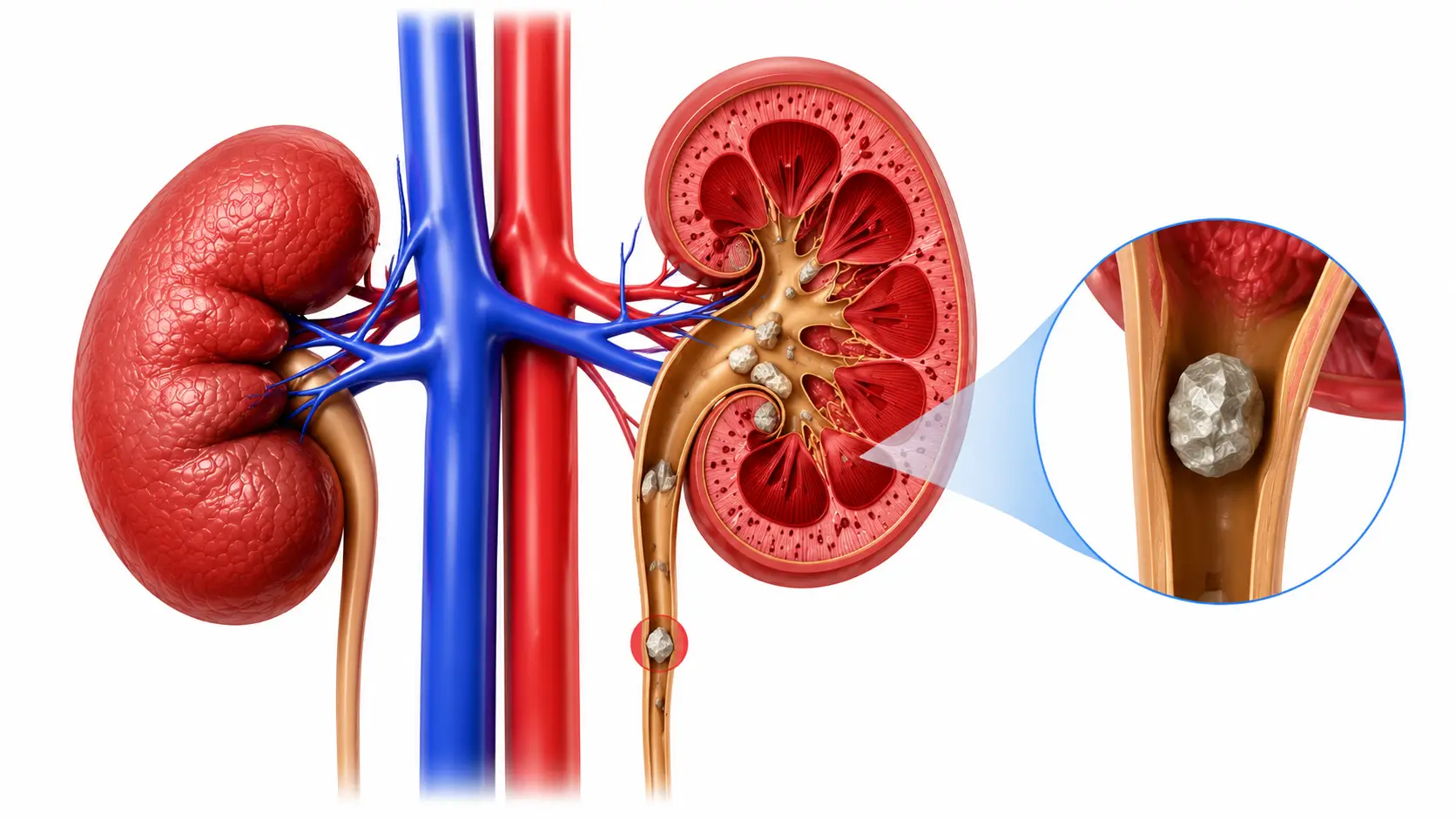 Illustration showing kidney stones in the human kidney.
