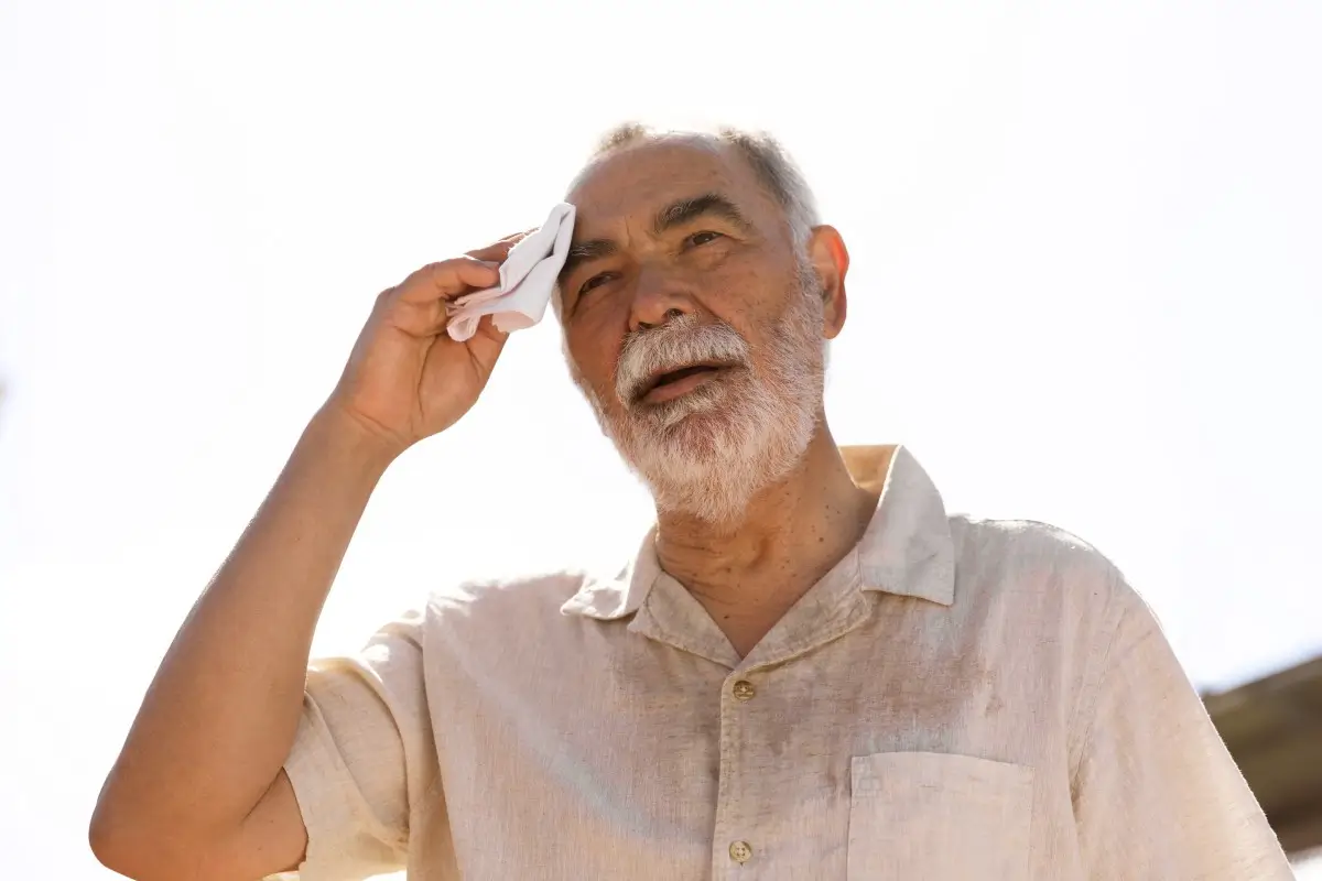 Older adult wiping sweat during a heatwave, highlighting the importance of extreme summer heat safety and dehydration prevention.