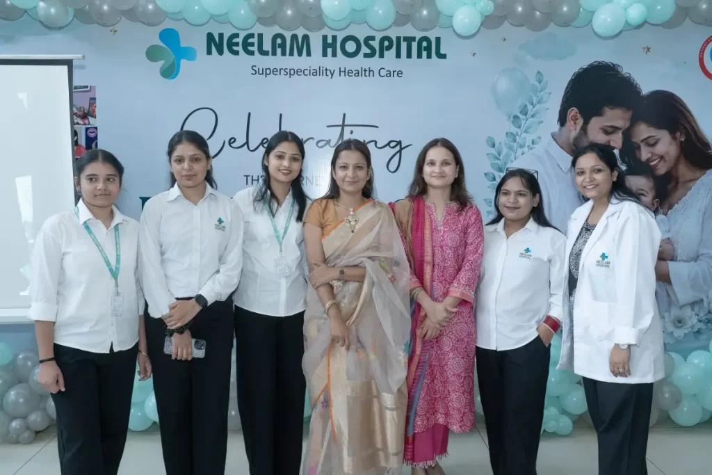 Neelam Hospital doctors and healthcare staff at an IVF awareness event in Rajpura, Punjab.