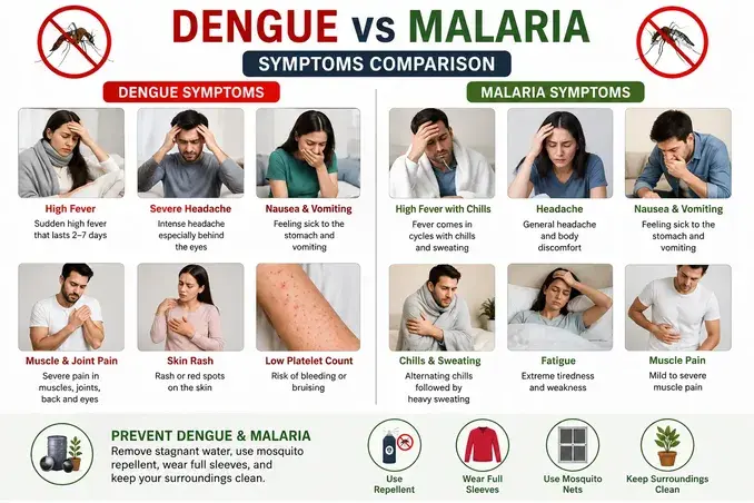 Infographic comparing dengue and malaria symptoms with prevention tips by Neelam Hospital