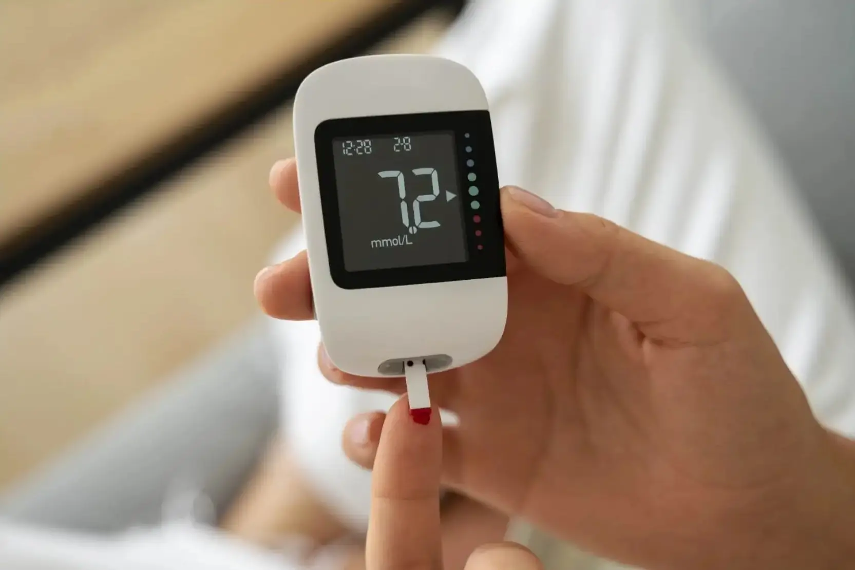 Blood glucose testing with a glucometer for diabetes monitoring at Neelam Hospital