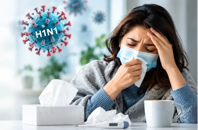 Woman experiencing H1N1 swine flu symptoms