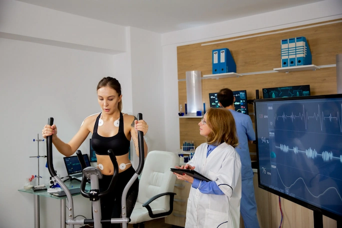 Athlete undergoing exercise testing under medical supervision during a sports cardiology assessment.